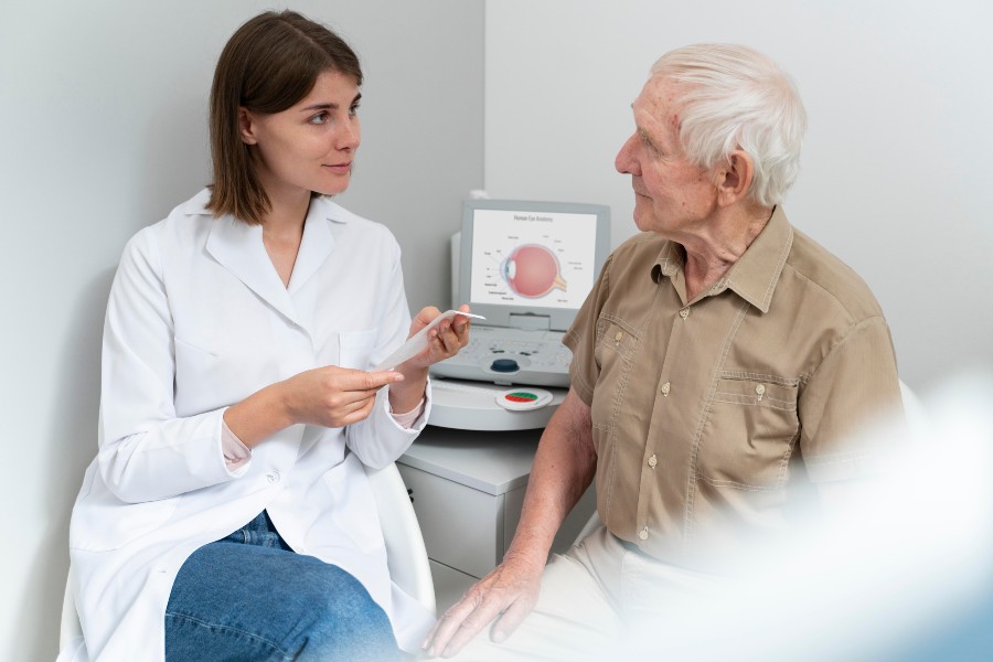 Oftalmologista conversando com paciente idoso
